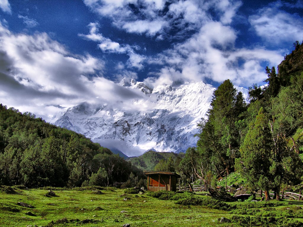 نانگا پربت کی چوٹی پیچھے فیری میڈوز کی سبز وادیاں